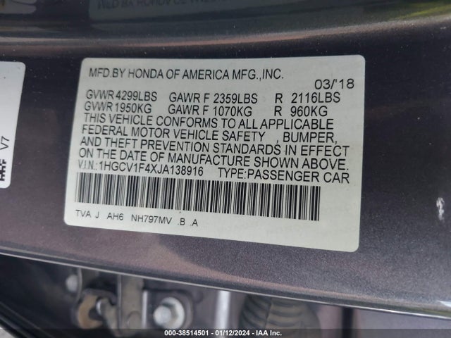 Honda ACCORD EX 2018 1HGCV1F4XJA138916 Image 9