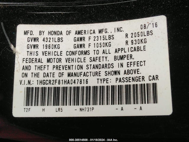Honda Accord Ex-l 2017 1HGCR2F81HA047816 Image 9
