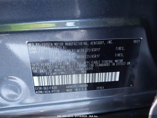 2021 TOYOTA RAV4 LE HYBRID VIN: 4T3LWRFV1MU035280