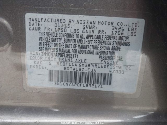 3N1CN7AP0FL892171 Nissan Versa 1.6 Sv