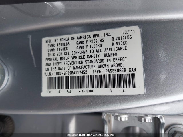 2011 HONDA ACCORD 2.4 LX VIN: 1HGCP2F39BA117452