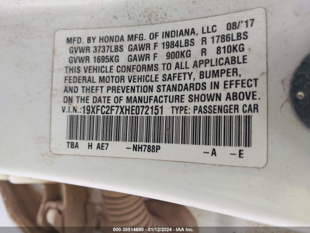 Honda CIVIC EX 2017 19XFC2F7XHE072151 Image 9