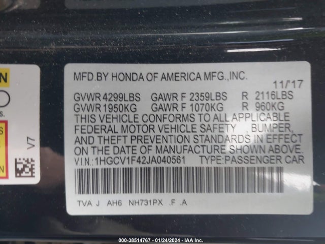 Honda ACCORD EX 2018 1HGCV1F42JA040561 Image 9