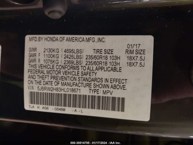 5J6RW2H83HL018671 Honda Cr-v Ex-l/ex-l Navi