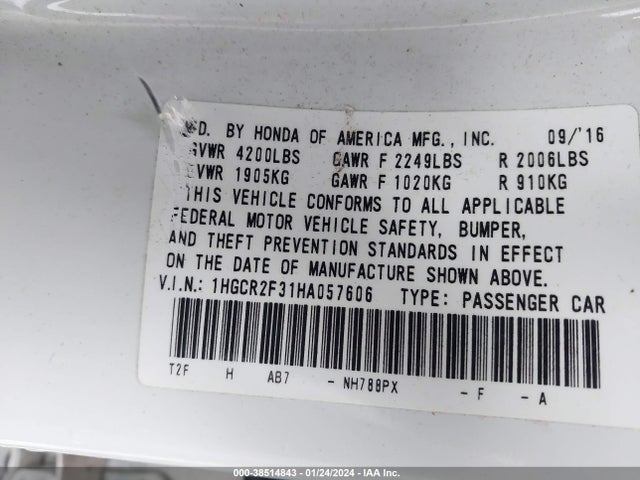 Honda ACCORD LX 2017 1HGCR2F31HA057606 Image 9