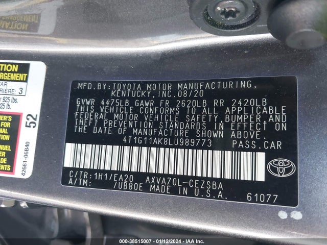 Toyota CAMRY SE 2020 4T1G11AK8LU989773 Image 9