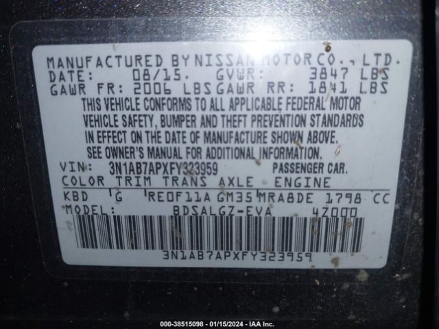 3N1AB7APXFY323959 Nissan SENTRA SL