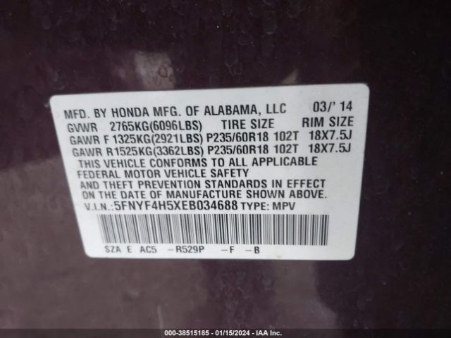 5FNYF4H5XEB034688 Honda Pilot Ex-l