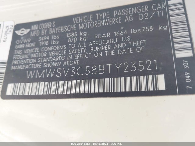 2011 MINI COOPER S WMWSV3C58BTY23521 Photo 8