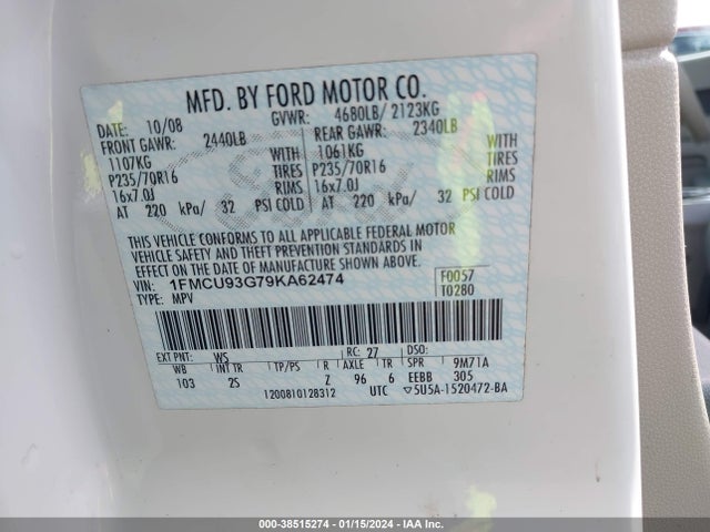 2009 FORD ESCAPE XLT VIN: 1FMCU93G79KA62474