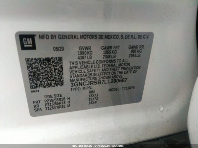 3GNCJRSB7LL280687 Chevrolet Trax Awd Premier
