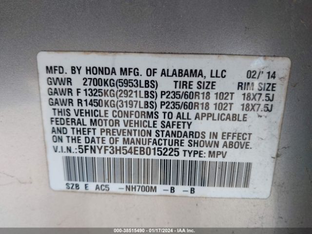 5FNYF3H54EB015225 Honda Pilot Ex-l