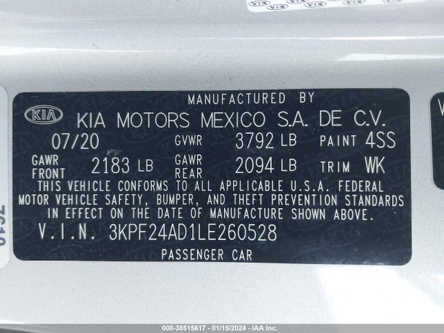 2020 KIA FORTE LXS VIN: 3KPF24AD1LE260528