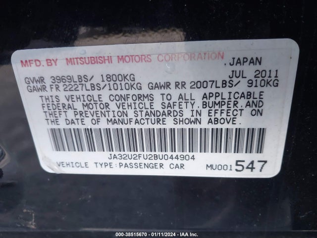 2011 MITSUBISHI LANCER ES VIN: JA32U2FU2BU044904