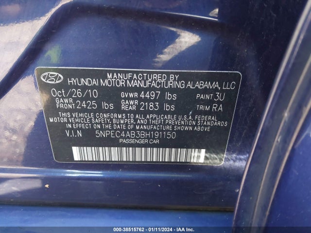 2011 HYUNDAI SONATA SE 2.0T VIN: 5NPEC4AB3BH191150