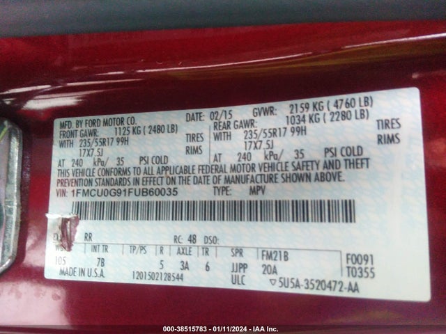 Ford ESCAPE SE 2015 1FMCU0G91FUB60035 Image 9