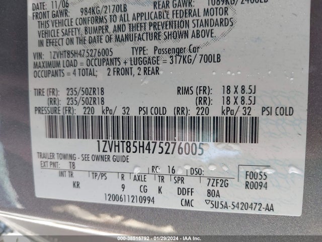 2007 FORD MUSTANG VIN: 1ZVHT85H475276005