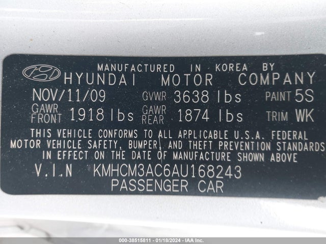 2010 HYUNDAI ACCENT GS VIN: KMHCM3AC6AU168243