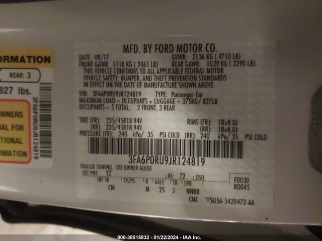 Ford Fusion Hybrid Titanium 2018 3FA6P0RU9JR124819 Image 9