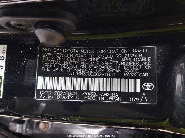 Aukcja sprzedaży 2011 Toyota Prius Two, vin: JTDKN3DU5B0291803, numer aukcji: 38515841