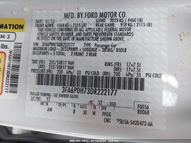 2013 FORD FUSION SE VIN: 3FA6P0H73DR222177