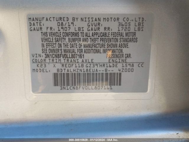 3N1CN8FV0LL807161 Nissan Versa Sr Xtronic Cvt