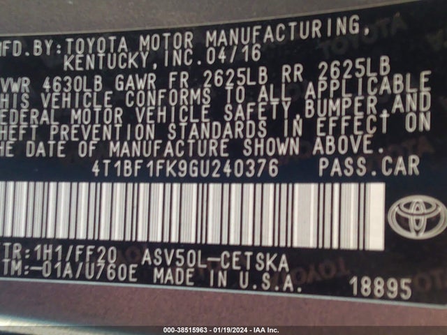 2016 TOYOTA CAMRY SE VIN: 4T1BF1FK9GU240376