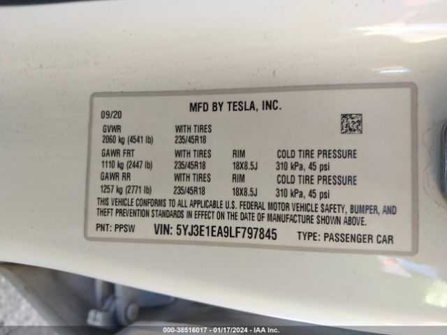 5YJ3E1EA9LF797845 Tesla MODEL 3