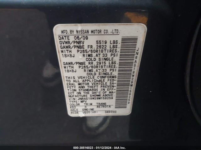 2009 INFINITI FX35 VIN: JNRAS18W29M158259