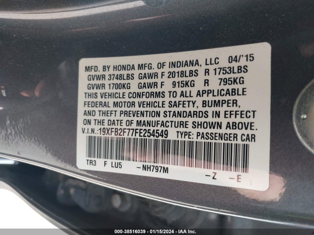 Honda CIVIC SE 2015 19XFB2F77FE254549 Image 9