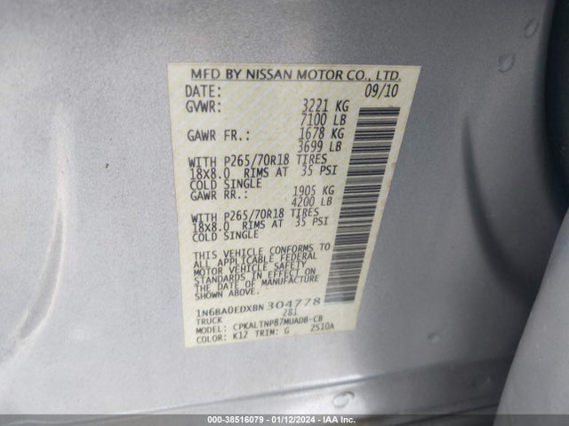 2011 NISSAN TITAN SV VIN: 1N6BA0EDXBN304778