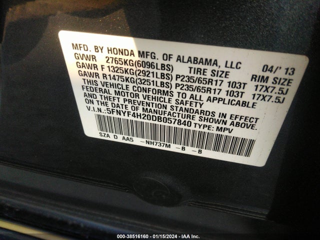 2013 HONDA PILOT LX VIN: 5FNYF4H20DB057840