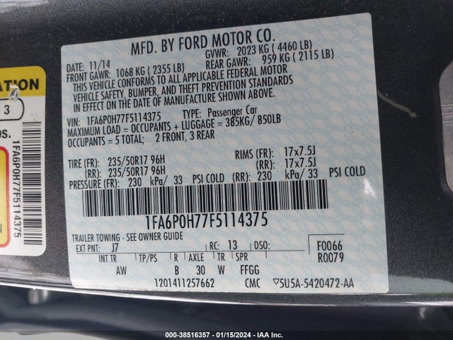 2015 FORD FUSION SE VIN: 1FA6P0H77F5114375
