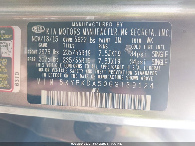 2016 KIA SORENTO 3.3L SXL VIN: 5XYPKDA50GG139124