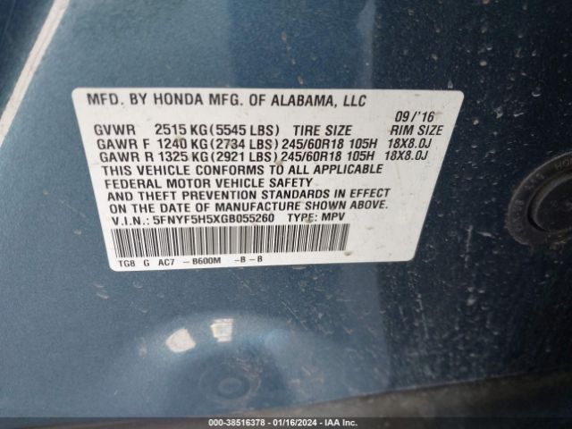 5FNYF5H5XGB055260 Honda Pilot Ex-l