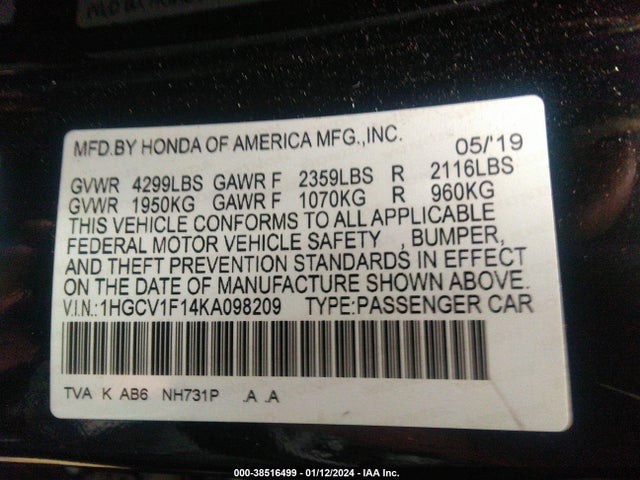 Honda ACCORD LX 2019 1HGCV1F14KA098209 Image 9