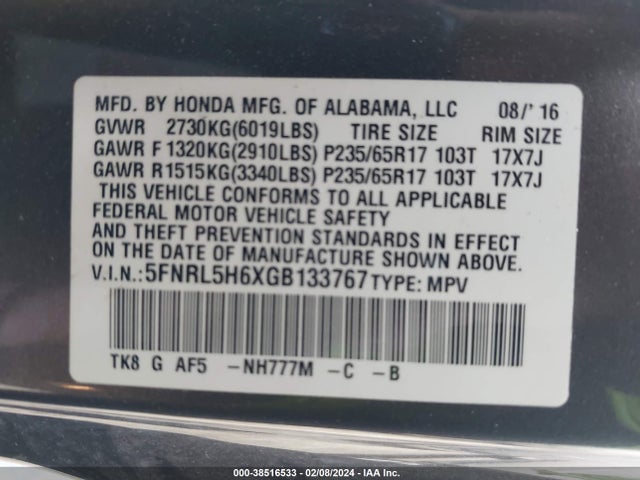 Honda Odyssey Ex-l 2016 5FNRL5H6XGB133767 Image 9