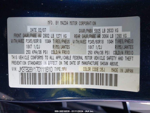 2007 MAZDA CX-9 TOURING VIN: JM3TB28Y170111610