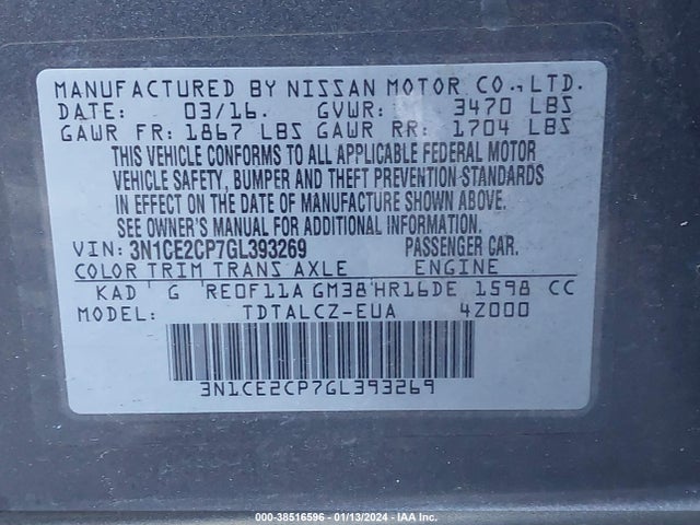 2016 NISSAN VERSA NOTE S PLUS VIN: 3N1CE2CP7GL393269