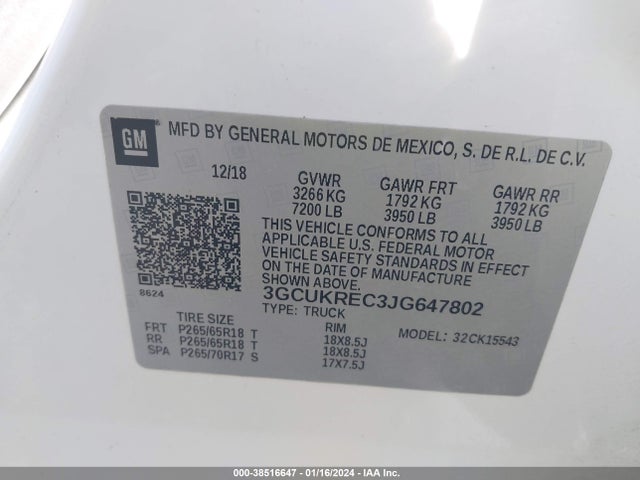 2018 CHEVROLET SILVERADO 1500 2LT VIN: 3GCUKREC3JG647802