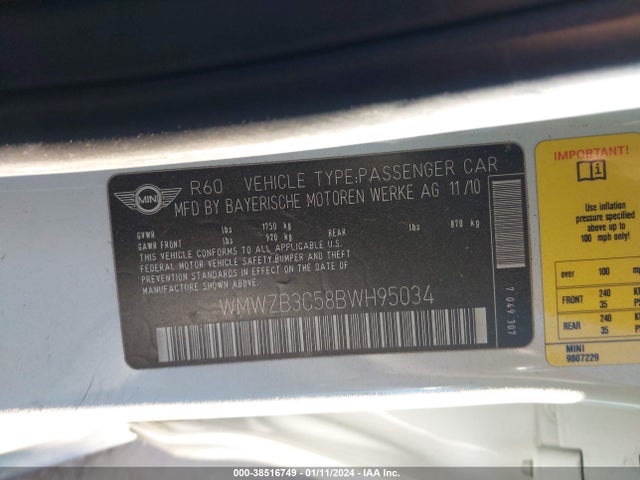 2011 MINI COOPER COUNTRYMAN WMWZB3C58BWH95034 Photo 8