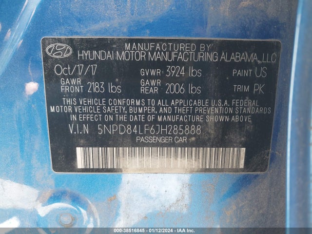 2018 HYUNDAI ELANTRA SEL VIN: 5NPD84LF6JH285888