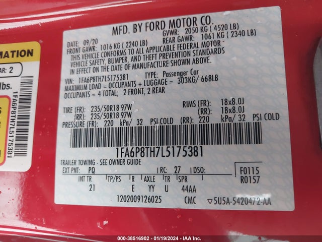 Ford Mustang Ecoboost Fastback 2020 1FA6P8TH7L5175381 Image 9