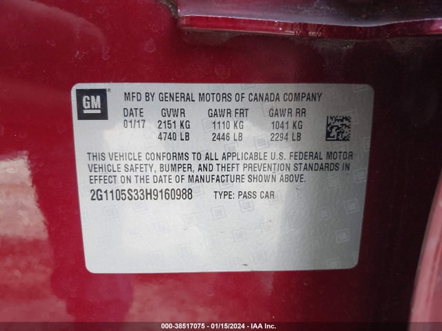Chevrolet IMPALA 1LT 2017 2G1105S33H9160988 Image 9