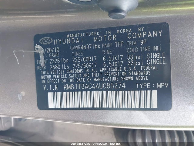 2010 HYUNDAI TUCSON GLS VIN: KM8JT3AC4AU085274