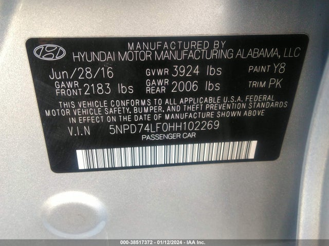 2017 HYUNDAI ELANTRA SE VIN: 5NPD74LF0HH102269