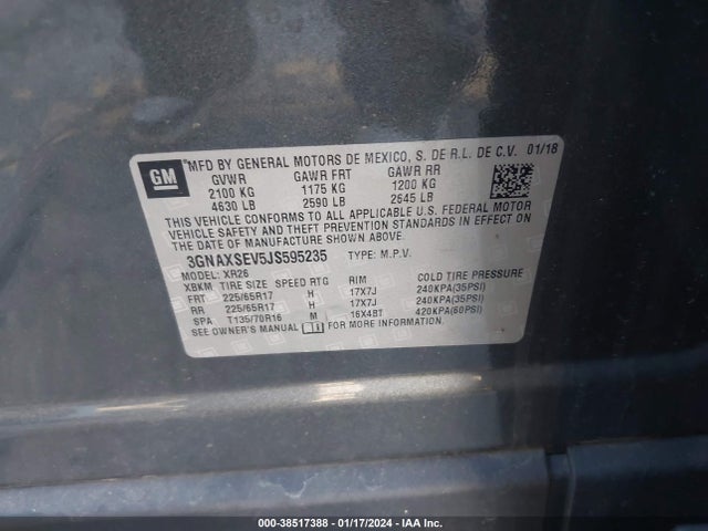 Chevrolet EQUINOX LT 2018 3GNAXSEV5JS595235 Image 9