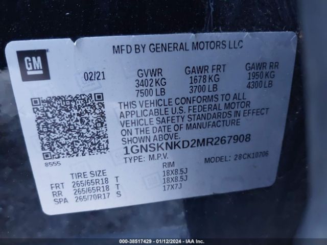 1GNSKNKD2MR267908 Chevrolet Tahoe 4wd Lt
