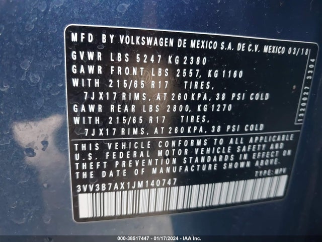 2018 VOLKSWAGEN TIGUAN 2.0T SE/2.0T SEL VIN: 3VV3B7AX1JM140747
