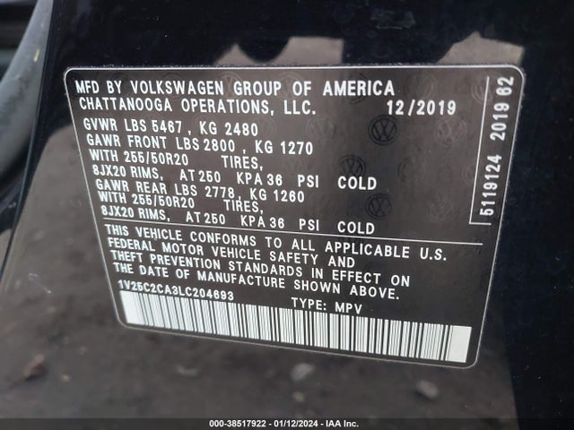 1V25C2CA3LC204693 Volkswagen Atlas Cross Sport 2.0t Se W/technology/2.0t Se W/technology R-line